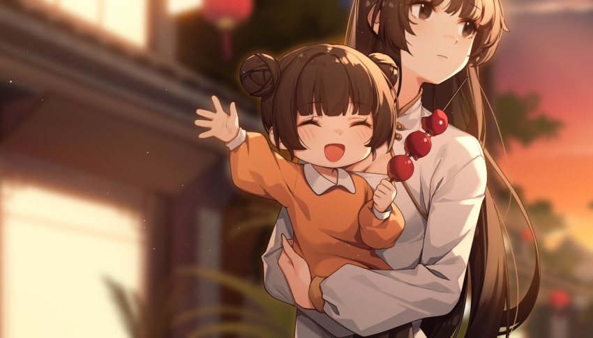 2girls :d architecture bangs blurry brown_eyes brown_hair carrying carrying_person china_dress chinese_clothes chinese_new_year closed_eyes closed_mouth clouds cloudy_sky dango de_da_xianyu double_bun dress east_asian_architecture food highres holding holding_food honkai_(series) honkai_impact_3rd long_hair long_sleeves mother_and_daughter multiple_girls night night_sky open_mouth original shirt sky smile sunset wagashi yellow_shirt