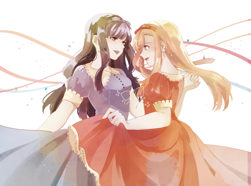 2girls bangs black_hair black_ribbon blue_eyes commentary_request dancing dress earrings eye_contact final_fantasy final_fantasy_xiv gaia_(ff14) hair_ribbon holding_hands hyur jewelry long_dress long_hair looking_at_another multiple_girls open_mouth orange_hair parted_lips profile puffy_short_sleeves puffy_sleeves purple_dress purple_lips red_dress red_ribbon ribbon ryne short_sleeves simple_background skirt_hold smile sooru0720 violet_eyes white_background yuri