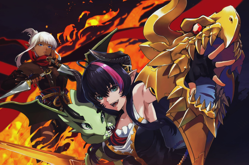 2girls black_hair dark_elf dark_skin dnf_duel dragon dragon_knight_(dungeon_and_fighter) dual_wielding dungeon_and_fighter elbow_gloves elf fingerless_gloves fire gloves highres holding horns knight_(dungeon_and_fighter) kunai kunoichi_(dungeon_and_fighter) long_hair multicolored_hair multiple_girls outstretched_arm pink_hair pointy_ears red_scarf scarf shield sleeveless small_dragon sword thief_(dungeon_and_fighter) weapon white_hair