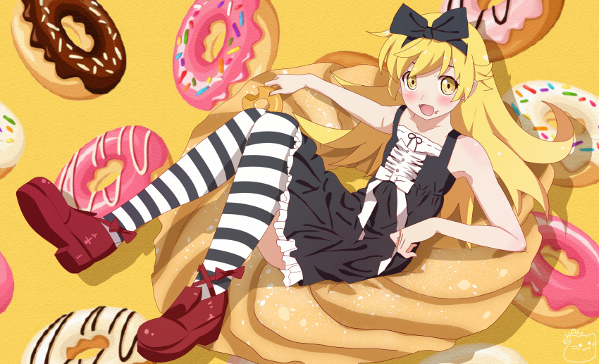 1girl absurdres bangs bare_shoulders black_bow black_dress black_legwear blonde_hair blush bow commentary_request doughnut dress eyebrows_behind_hair flat_chest food food_on_face frilled_dress frills full_body hair_bow highres long_hair looking_at_viewer monogatari_(series) motchi001 open_mouth oshino_shinobu oversized_food red_footwear sitting smile solo thigh-highs two-tone_legwear white_legwear yellow_background yellow_eyes