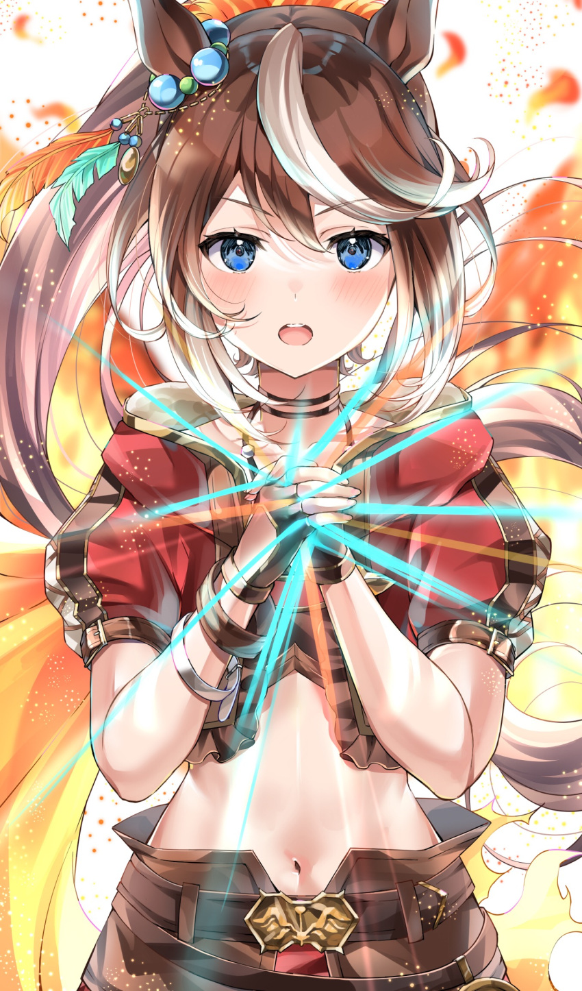 1girl :o akito_(eyzz3775) animal_ears bangs belt black_gloves blue_eyes blush brown_belt brown_choker brown_hair choker collarbone commentary cowboy_shot cropped_jacket ear_ornament eyebrows_visible_through_hair feathers floating_hair gloves hair_between_eyes hands_up high_ponytail highres hood hood_down hooded_jacket horse_ears horse_girl horse_tail jacket long_hair looking_at_viewer midriff multicolored_hair navel official_alternate_costume open_clothes open_jacket open_mouth own_hands_together ponytail red_jacket scarf short_sleeves sidelocks skirt solo standing streaked_hair swept_bangs tail teeth tokai_teio_(umamusume) torn_scarf two-tone_hair umamusume upper_teeth white_background white_hair wristband