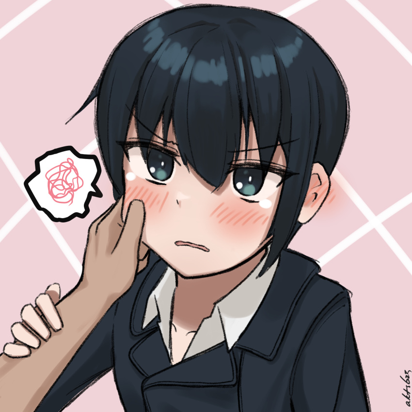 1girl akts625 androgynous annoyed bangs black_coat black_hair blush cheek_pinching coat collarbone commentary dress_shirt ear_blush embarrassed english_commentary from_above green_eyes hair_between_eyes hand_on_another's_arm hand_on_another's_face highres kino_(kino_no_tabi) kino_no_tabi light_frown looking_at_viewer looking_up parted_lips pinching pink_background pov pov_hands scribble shirt short_hair signature solo_focus spoken_symbol tomboy upper_body upturned_eyes v-shaped_eyebrows wavy_mouth white_shirt