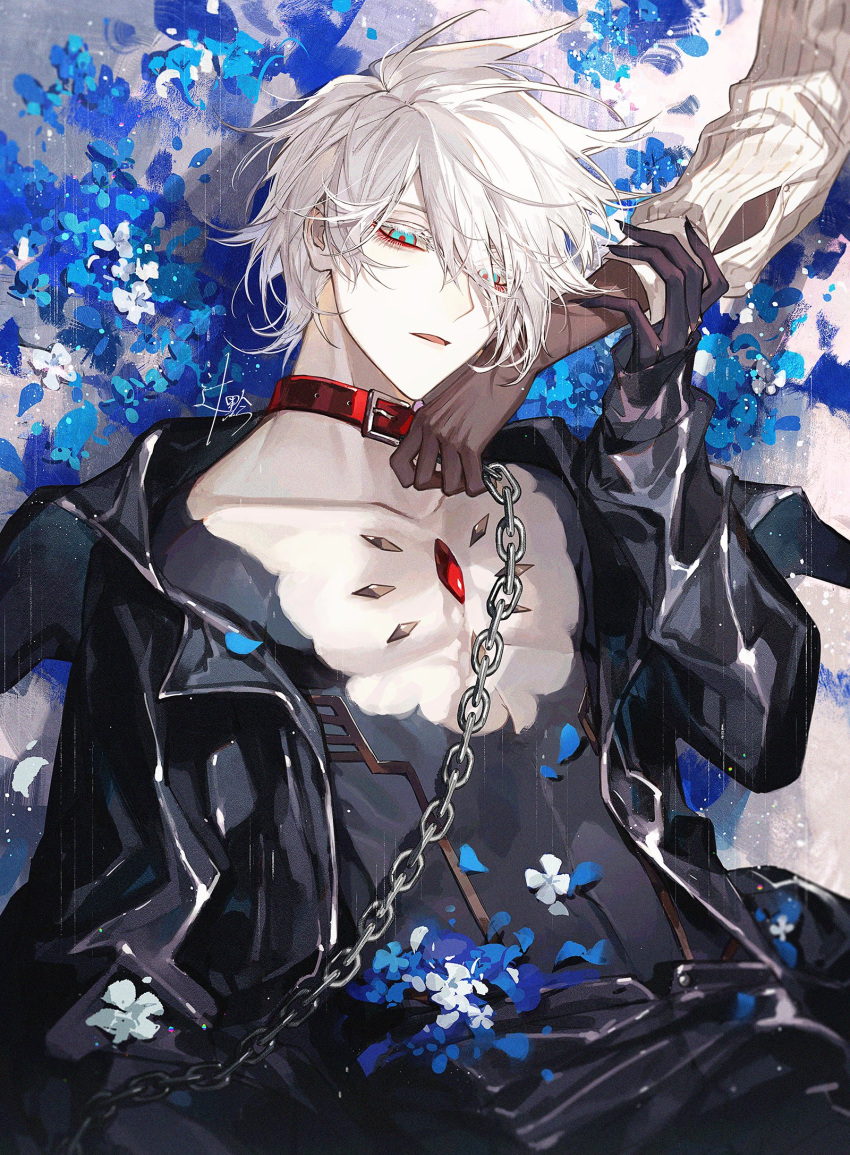 2boys animal_collar arjuna_(fate) bangs bishounen blue_eyes chest_jewel collar dark-skinned_male dark_skin eyeshadow fate/extella fate/extella_link fate/extra fate/grand_order fate_(series) flower gloves highres jewelry karna_(fate) looking_at_viewer makeup male_focus multiple_boys pale_skin short_hair sqloveraven white_hair