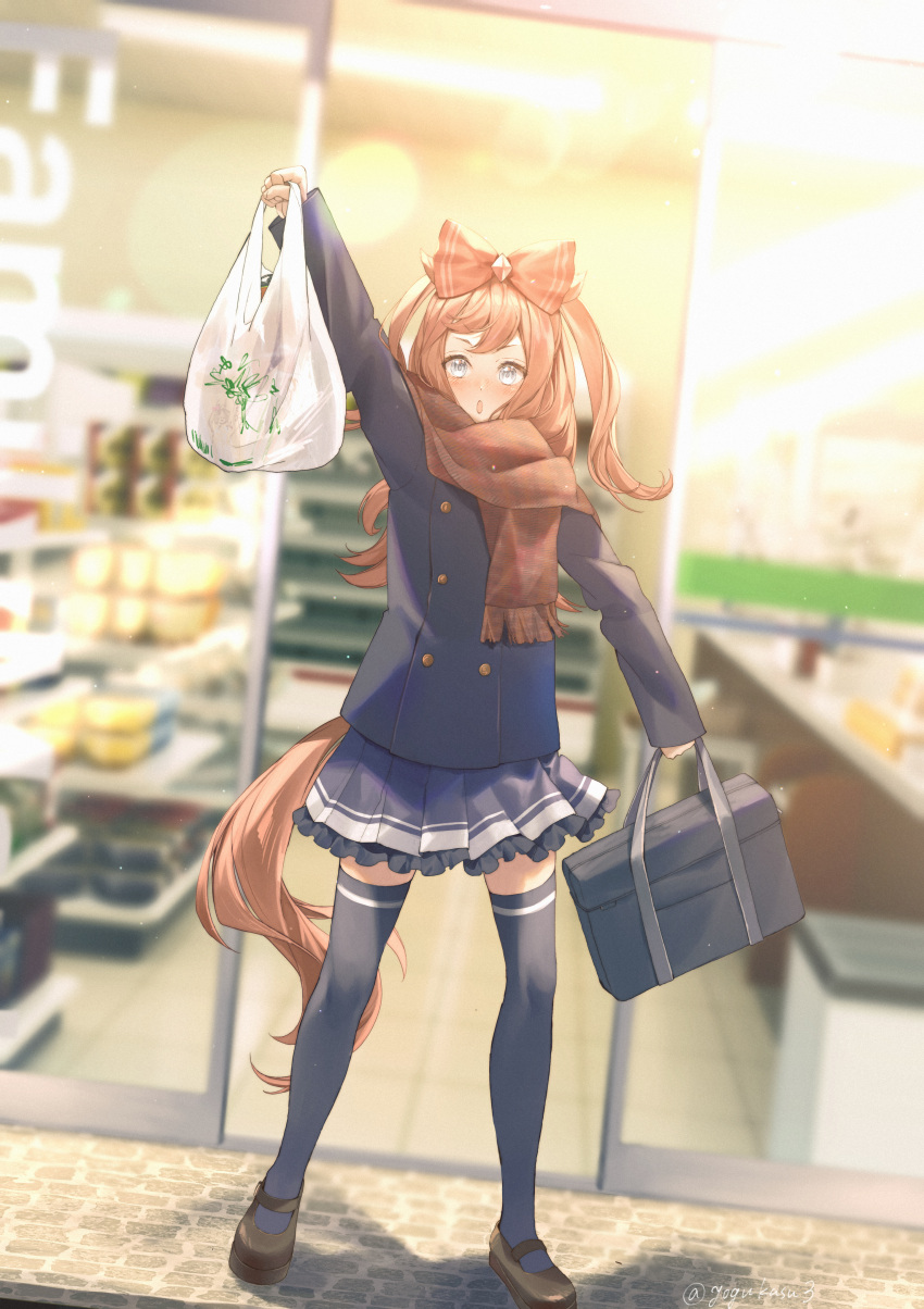 1girl absurdres agnes_digital_(umamusume) animal_ears arm_up bag blue_eyes blurry blurry_background blush bow commentary_request familymart hair_bow highres horse_ears horse_girl horse_tail looking_at_viewer pink_hair plastic_bag scarf school_bag school_uniform solo tail thigh-highs tracen_school_uniform umamusume yogukasu