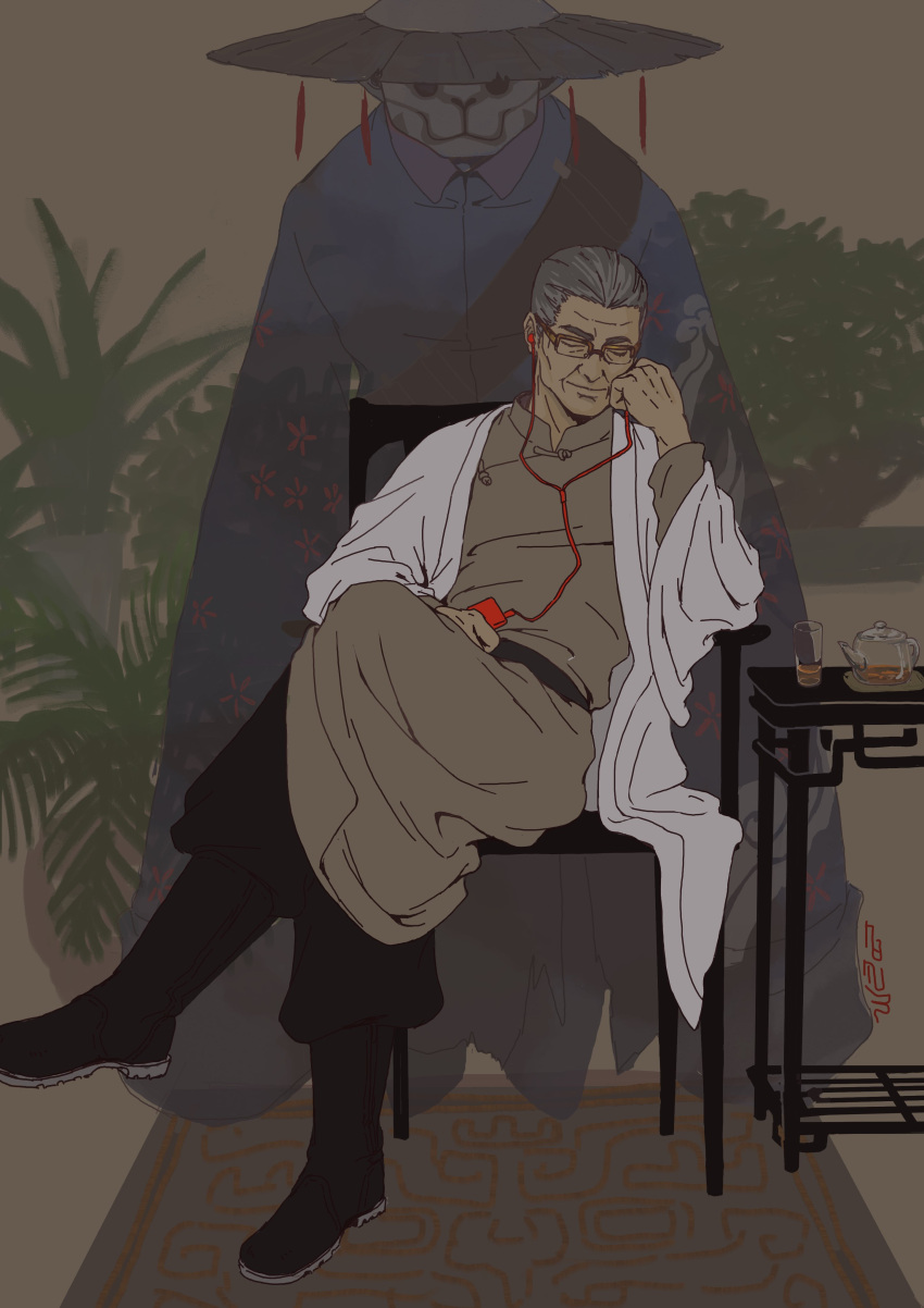 2boys absurdres black_footwear boots chinese_clothes closed_eyes crossed_legs cup earphones earphones ghost glasses grey_hair highres listening_to_music multiple_boys namu3269 old old_man pan_jing_(the_legend_of_luoxiaohei) plant table teapot the_legend_of_luo_xiaohei yu_xi_(the_legend_of_luoxiaohei)