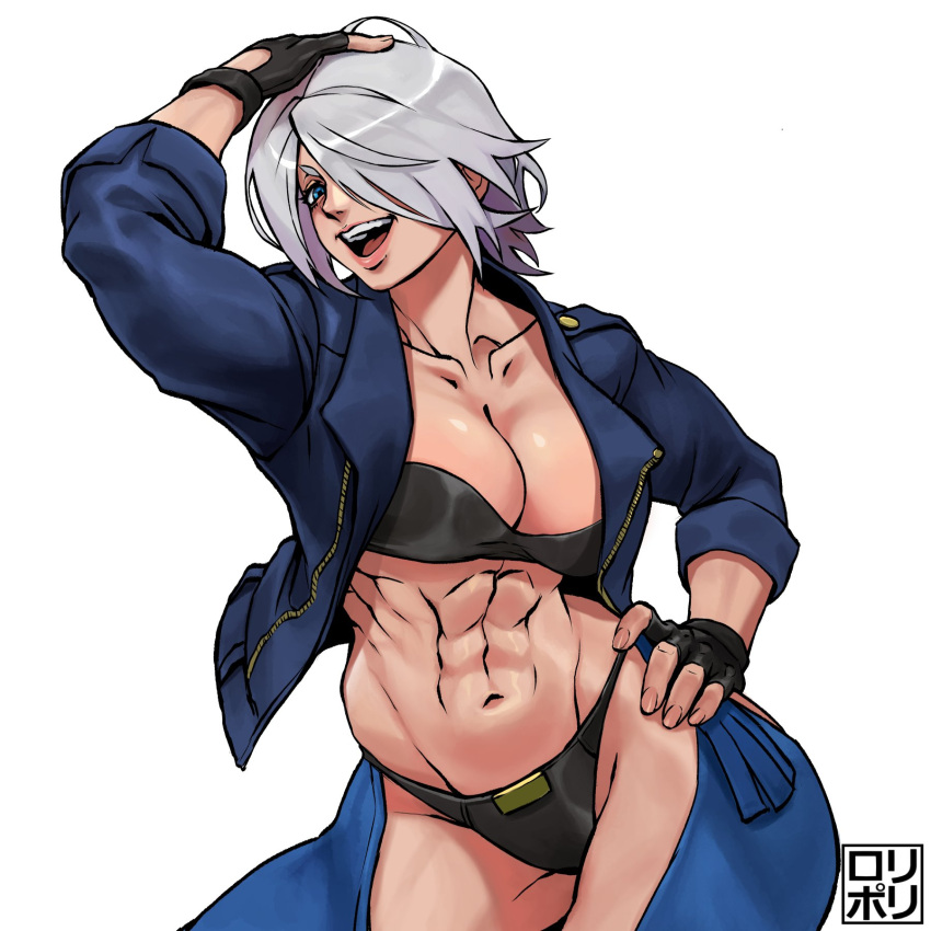 1girl abs angel_(kof) bra breasts chaps cropped_jacket fingerless_gloves gloves hair_over_one_eye highres jacket jamrolypoly large_breasts leather leather_jacket muscular muscular_female navel snk solo strapless strapless_bra the_king_of_fighters the_king_of_fighters_xv thighs toned underwear white_hair