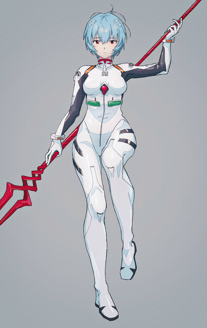 1girl absurdres ayanami_rei blue_hair bodysuit full_body hajikkoneko highres holding interface_headset lance_of_longinus looking_at_viewer multicolored_bodysuit multicolored_clothes neon_genesis_evangelion pilot_suit plugsuit polearm red_eyes short_hair solo symbol-only_commentary weapon white_bodysuit