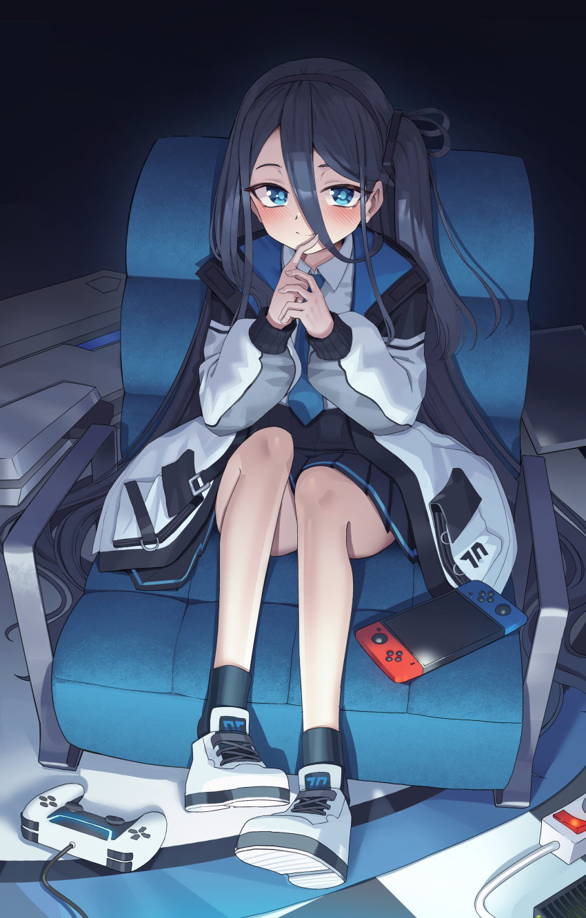 1girl absurdres arisu_(blue_archive) armchair bangs black_hair black_legwear black_skirt blue_archive blue_necktie blush chair closed_mouth collared_shirt commentary_request controller eyebrows_behind_hair game_controller goback hair_between_eyes hands_up highres jacket long_sleeves looking_at_viewer necktie nintendo_switch on_chair one_side_up open_clothes open_jacket own_hands_together pleated_skirt puffy_long_sleeves puffy_sleeves shirt shoe_soles shoes skirt smile socks solo white_footwear white_jacket white_shirt