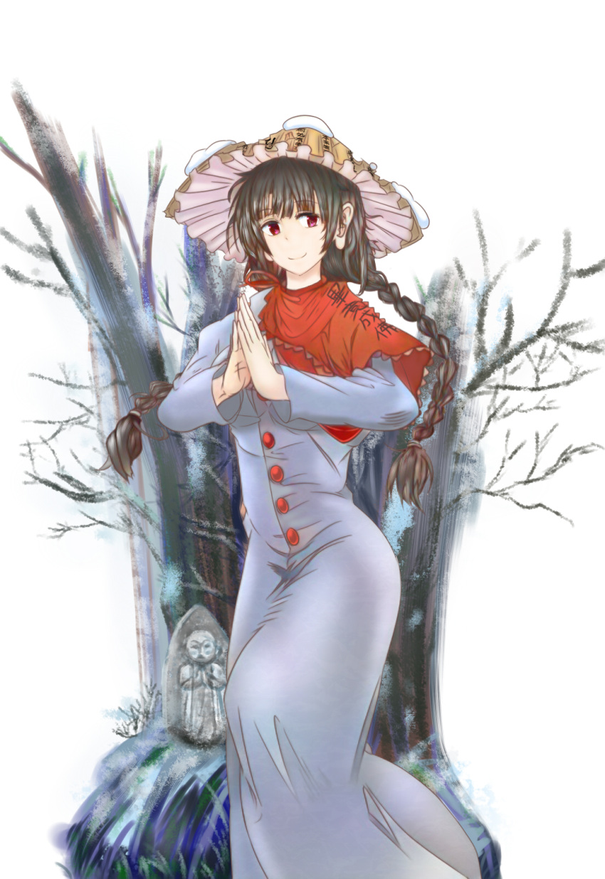 1girl bangs braid branch brown_headwear buttons capelet closed_mouth commentary_request dress eyebrows_visible_through_hair grey_dress grey_hair hair_ornament hands_up hat highres long_hair long_sleeves looking_to_the_side own_hands_together pink_eyes red_capelet smile snow solo standing statue tk31 touhou tree twin_braids yatadera_narumi