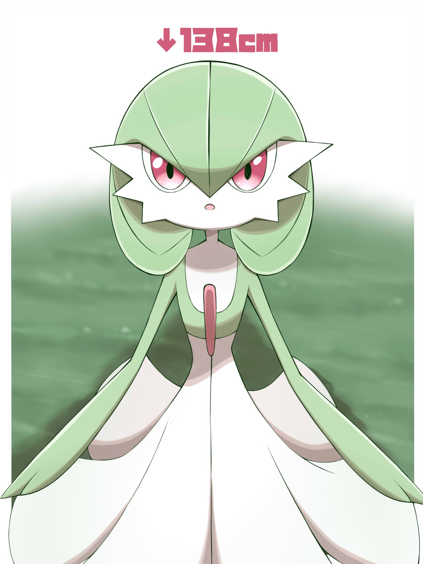 :o absurdres arrow_(symbol) colored_skin commentary_request flipped_hair gardevoir grass green_hair height highres looking_at_viewer medium_hair open_mouth outside_border pillarboxed pink_eyes pokemon pokemon_(creature) shabana_may solo white_skin