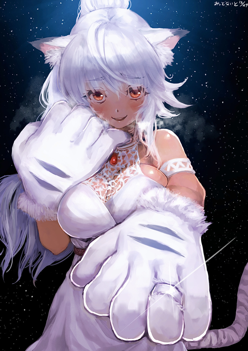1girl absurdres animal_ear_fluff animal_hands arm_strap bangs bare_shoulders breasts christmas closed_eyes dress gloves hair_between_eyes halterneck heavy_breathing highres jewelry ladica_(shadowverse) large_breasts long_hair looking_at_viewer midnight_(midnightstream3) open_mouth orange_eyes outstretched_arm paw_gloves proposal ring shadowverse smile snowing solo tail teeth upper_teeth wedding_ring white_dress white_hair