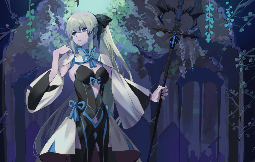 1girl arms_at_sides arthuralucard black_ribbon blue_eyes braid breasts breasts_apart crown crown_braid fate/grand_order fate_(series) hair_between_eyes highres light_frown long_hair looking_at_viewer medium_breasts morgan_le_fay_(fate) navel platinum_blonde_hair ribbon shaded_face solo thigh-highs thigh_gap thighs very_long_hair white_background wide_sleeves