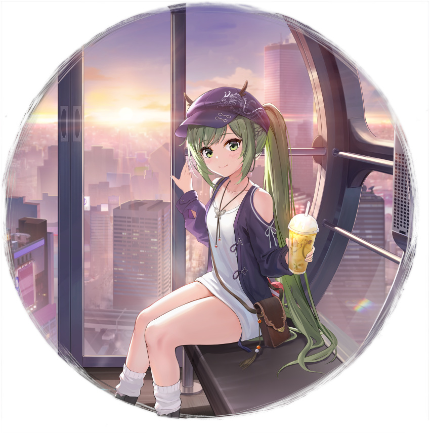 1girl anshan_(azur_lane) anshan_(setting_sun_hearts_as_one)_(azur_lane) azur_lane blue_headwear blue_jacket blush building cabbie_hat closed_eyes closed_mouth clothing_cutout collarbone cup disposable_cup dress drinking_straw expressions ferris_wheel_interior green_eyes green_hair hat highres holding holding_cup jacket long_hair looking_at_viewer official_alternate_costume official_art open_mouth ponytail shoulder_cutout silveroid sitting smile solo very_long_hair white_dress
