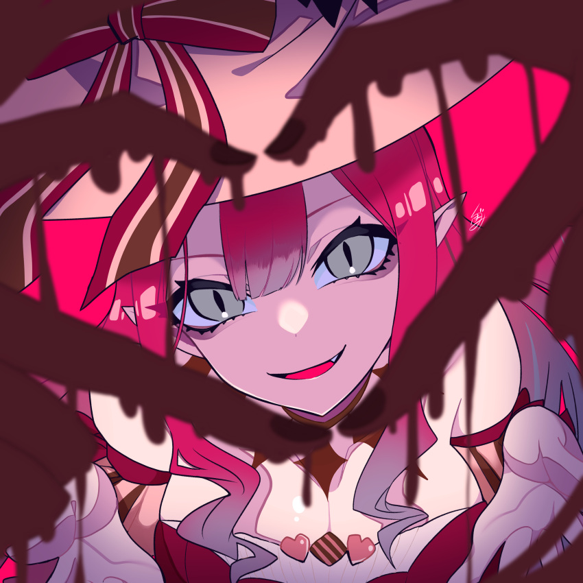 1girl absurdres chocolate close-up fairy_knight_tristan_(fate) fairy_knight_tristan_(valentine_witches)_(fate) fate/grand_order fate_(series) grey_eyes hat heart heart_hands highres kubomi_943 long_hair looking_at_viewer pink_background pink_headwear pointy_ears redhead simple_background slit_pupils smile solo upper_body valentine witch_hat