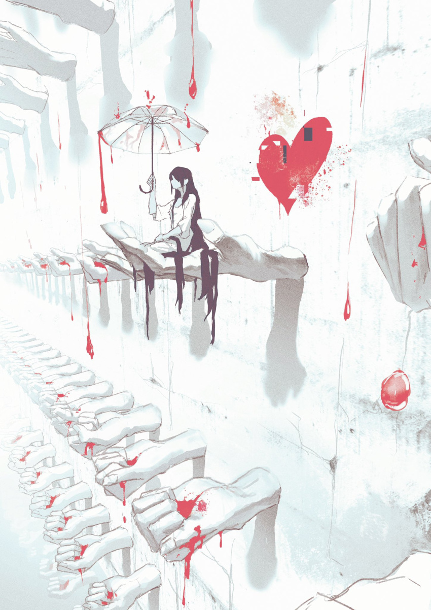 1girl absurdly_long_hair black_hair bleeding blood clenched_hands commentary dress dripping faceless full_body glitch hand_up hands heart highres holding holding_umbrella long_hair long_sleeves monochrome neg_(101neg) original seiza sitting solo spot_color umbrella very_long_hair white_dress white_umbrella