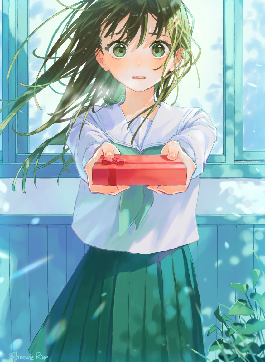 1girl absurdres bangs blue_neckerchief blush brown_hair day gift green_eyes highres holding holding_gift leaf long_hair looking_at_viewer neckerchief open_mouth original outstretched_arms reflection school_uniform serafuku shadow shirane_rine signature skirt solo standing