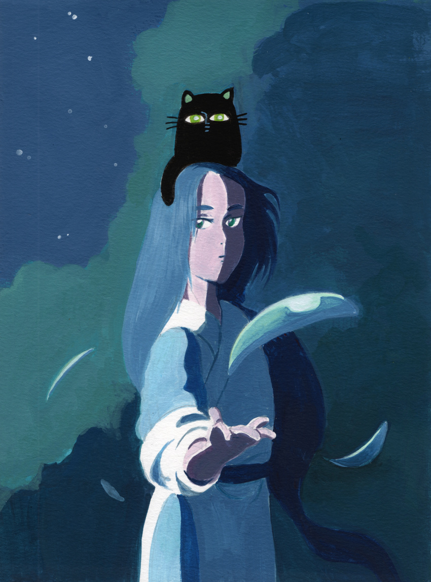 2boys a_tran absurdres animal_on_head cat cat_on_head floating floating_object green_eyes highres long_sleeves looking_at_viewer luoxiaohei multiple_boys night on_head outdoors the_legend_of_luo_xiaohei tree upper_body wuxian_(the_legend_of_luoxiaohei)