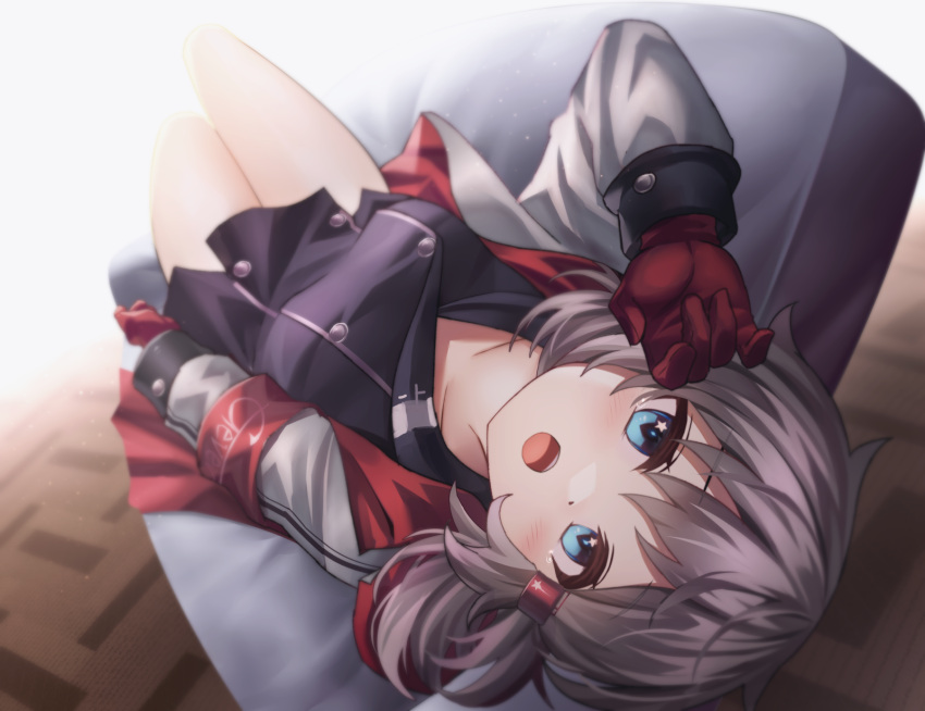 1girl azur_lane blue_eyes brown_hair commentary_request denver_(azur_lane) dress from_above gloves hair_ornament hairclip highres jacket long_hair looking_at_viewer looking_up neit_ni_sei open_mouth sitting solo star_(symbol) star_in_eye symbol_in_eye thighs upper_body
