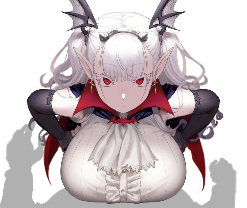 05565 1boy 1girl bangs black_gloves breasts cape closed_mouth draculina_(last_origin) earrings elbow_gloves fake_horns gloves hair_ornament hands_on_hips highres horns huge_breasts jewelry last_origin long_hair looking_at_viewer pointy_ears pov red_eyes ribbed_shirt shadow shirt simple_background sleeveless sleeveless_shirt two_side_up upper_body white_background white_hair white_shirt wing_hair_ornament