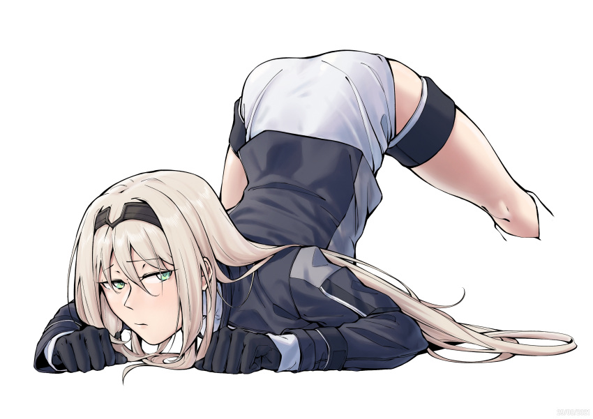 1girl absurdres all_fours an-94_(girls'_frontline) artist_request expressionless girls_frontline gloves green_eyes hands_on_ground highres jack-o'_challenge platinum_blonde_hair solo thighs white_background wide_spread_legs