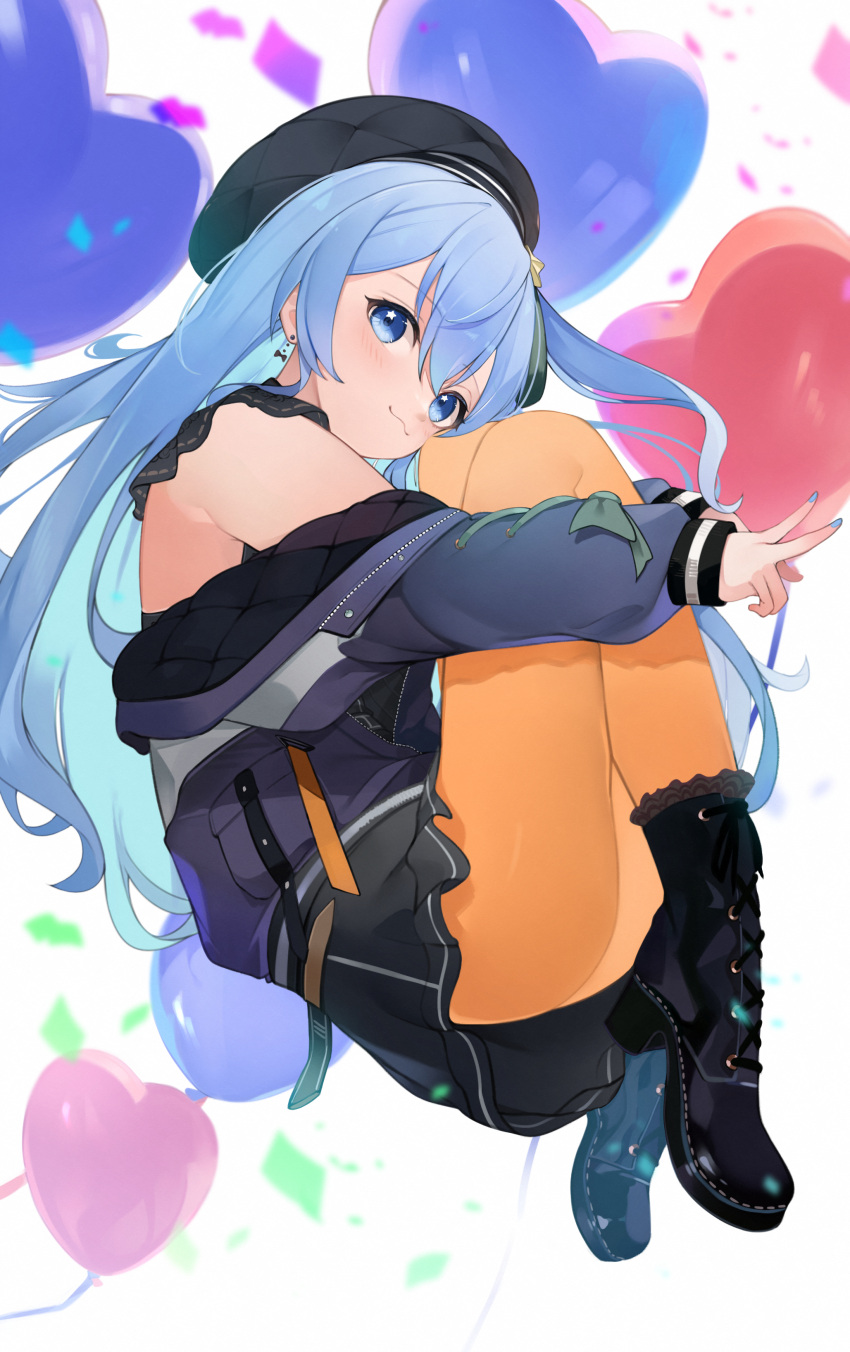 1girl :3 absurdres balloon bangs black_footwear black_headwear black_skirt blue_eyes blue_hair blue_nails blush boots closed_mouth commentary confetti eyebrows_visible_through_hair from_side full_body hair_between_eyes hat heart_balloon high_heel_boots high_heels highres hololive hoshimachi_suisei hugging_own_legs jacket long_hair long_sleeves mimizuku_(mmiganaru) nail_polish open_clothes open_jacket orange_legwear pantyhose puffy_long_sleeves puffy_sleeves skirt solo star_(symbol) star_in_eye symbol-only_commentary symbol_in_eye v virtual_youtuber