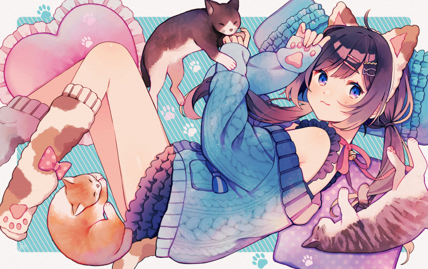 1girl :3 ahoge animal animal_ears bangs bell blue_background blue_eyes blue_jacket blue_skirt brown_hair cat cat_ears closed_mouth commentary diagonal_stripes edward-el eyebrows_visible_through_hair fake_animal_ears feet_out_of_frame fish_hair_ornament frilled_pillow frills hair_ornament hairband hairclip heart heart_pillow highres jacket jingle_bell layered_skirt long_hair long_sleeves looking_at_viewer loungewear low_twintails lying no_shoes off_shoulder on_side original pillow pink_ribbon pleated_skirt puffy_long_sleeves puffy_sleeves ribbon skirt sleeves_past_wrists socks solo striped striped_background thick_eyebrows twintails white_hairband