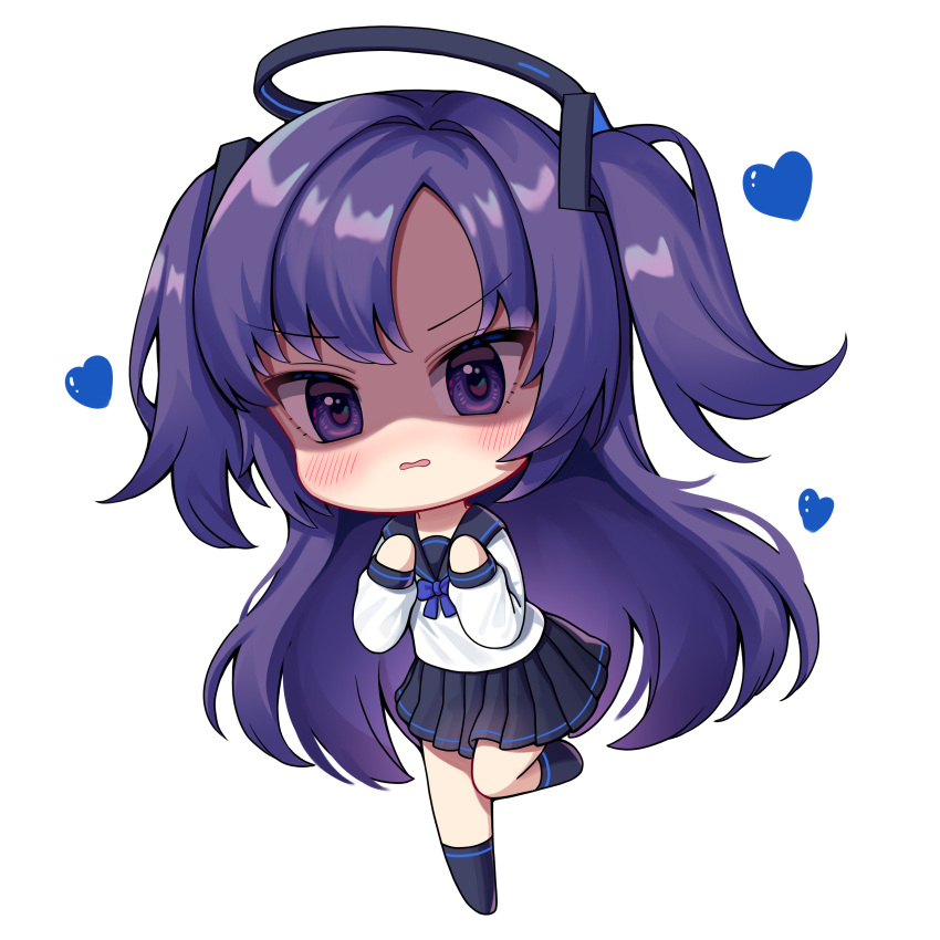 1girl absurdres bangs black_legwear black_sailor_collar black_skirt blue_archive blue_bow blush bow commentary eyebrows_visible_through_hair halo heart highres kk_(aky2374) long_hair long_sleeves looking_at_viewer no_shoes parted_bangs parted_lips pleated_skirt purple_hair sailor_collar school_uniform serafuku shaded_face simple_background skirt socks solo standing standing_on_one_leg two_side_up v-shaped_eyebrows very_long_hair violet_eyes wavy_mouth white_background yuuka_(blue_archive)