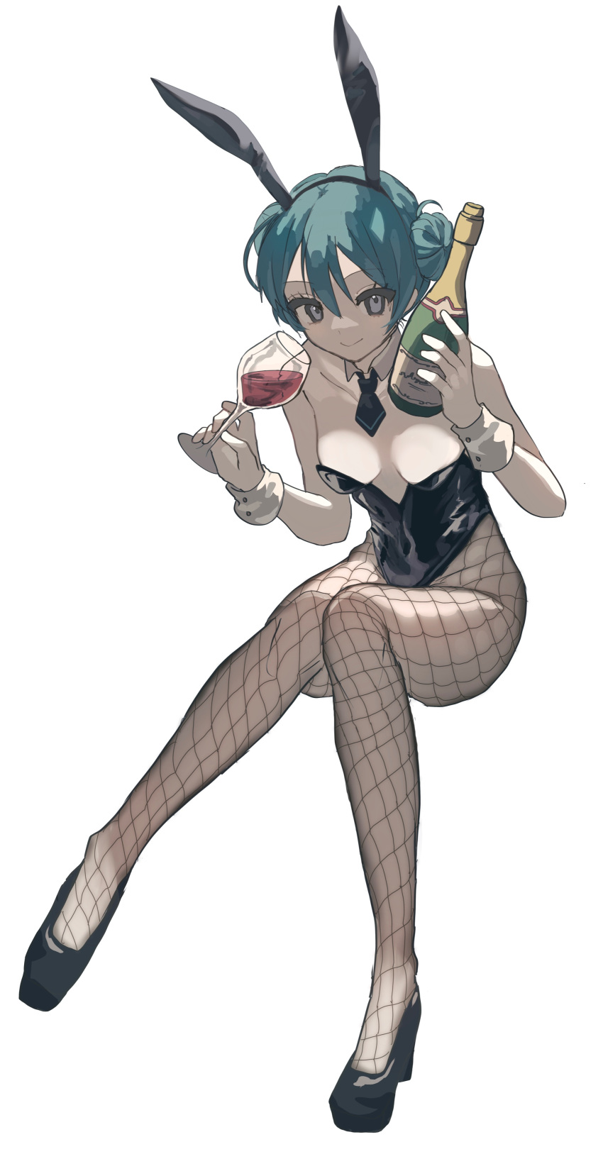 1girl absurdres alcohol alternate_costume alternate_hairstyle animal_ears bangs black_footwear black_leotard blue_eyes bottle breasts commentary_request cup detached_collar double_bun drinking_glass fake_animal_ears fishnet_legwear fishnets full_body hair_between_eyes hatsune_miku highres holding holding_bottle holding_cup invisible_chair leotard looking_at_viewer pantyhose playboy_bunny rabbit_ears simple_background sitting small_breasts smile solo tachibana_wataru_(123tsuki) vocaloid white_background wine wine_bottle wine_glass wrist_cuffs