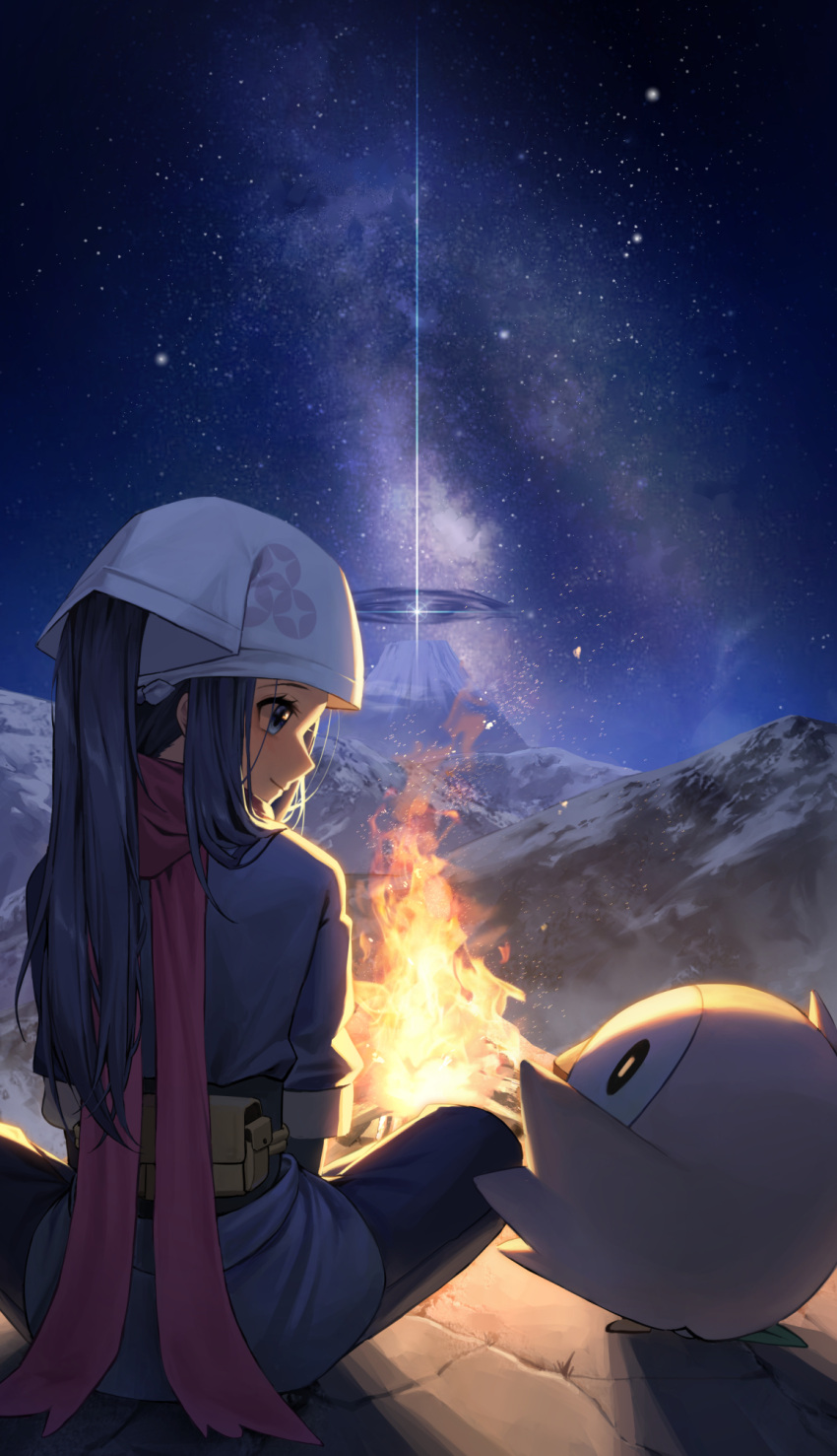 1girl akari_(pokemon) belt_pouch blue_hair blue_pants blue_shirt campfire closed_mouth fire head_scarf highres indian_style light_smile long_hair looking_at_another looking_down looking_to_the_side mansu_(user_pnmp4287) mountain night night_sky pants pokemon pokemon_(creature) pokemon_(game) pokemon_legends:_arceus ponytail pouch red_scarf rowlet scarf scenery shirt sidelocks sitting sky star_(sky) starry_sky white_headwear