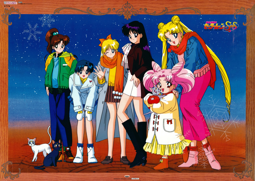 1990s_(style) 6+girls aino_minako animal artemis_(sailor_moon) bishoujo_senshi_sailor_moon black_cat black_eyes black_footwear blue_eyes boots border bow casual cat chibi_usa diana_(sailor_moon) double_bun earrings eyebrows_visible_through_hair green_eyes hair_bobbles hair_bow hair_ornament hand_in_pocket hand_on_hip high_ponytail highres hino_rei holding holding_animal hunched_over jacket jewelry kino_makoto knee_boots loafers logo long_hair long_skirt looking_at_viewer luna_(sailor_moon) miniskirt mittens mizuno_ami multiple_girls no_socks non-web_source official_art one_eye_closed open_mouth orange_scarf pink_footwear red_eyes red_footwear red_scarf retro_artstyle sailor_moon scarf shoes short_hair skirt smile sneakers snowflakes standing stud_earrings tsukino_usagi twintails very_long_hair waving white_cat