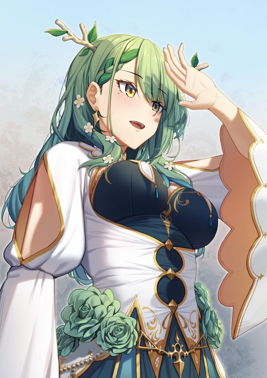 1girl :d absurdres bangs blue_sky blush braid breasts ceres_fauna deer_antlers dress erezu eyebrows_visible_through_hair flower from_below gold_trim green_flower green_hair green_rose hair_flower hair_ornament hand_up highres hololive hololive_english long_hair looking_ahead medium_breasts mole mole_under_eye open_hand open_mouth rose sky smile solo virtual_youtuber wide_sleeves yellow_eyes