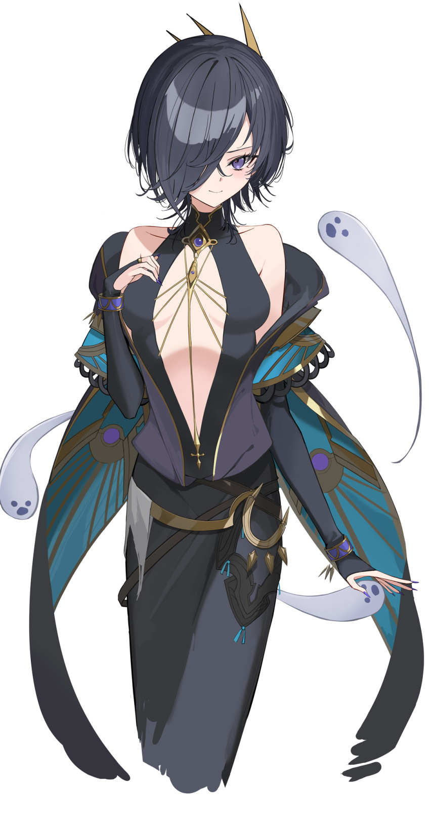 1girl alternate_hair_length alternate_hairstyle bare_shoulders black_dress black_hair breasts breasts_apart cleavage_cutout closed_mouth clothing_cutout collarbone cropped_legs dress fingernails ghost granblue_fantasy hair_over_one_eye highres juliet_sleeves lich_(granblue_fantasy) long_sleeves looking_at_viewer medium_breasts puffy_sleeves purple_nails rikui_(rella2930) sharp_fingernails short_hair sleeveless sleeveless_dress smile solo violet_eyes wristband