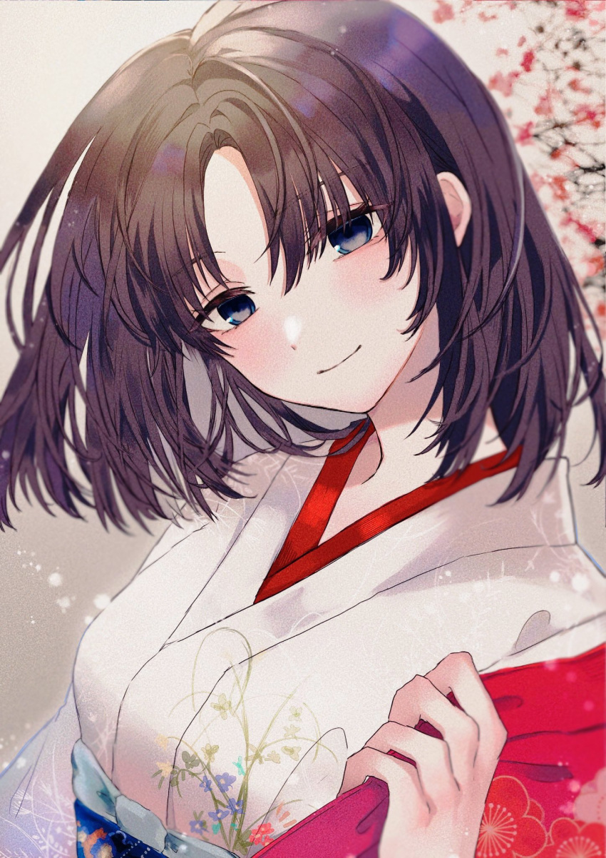 1girl bangs black_eyes black_hair blush cherry_blossoms closed_mouth commentary_request eyebrows_visible_through_hair head_tilt highres japanese_clothes kara_no_kyoukai kimono looking_at_viewer nigiri obi parted_bangs print_kimono ryougi_shiki sash short_hair smile solo upper_body white_kimono