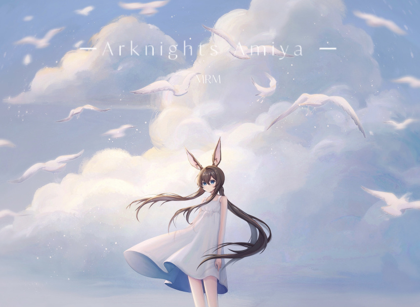 1girl alternate_costume amiya_(arknights) animal_ear_fluff animal_ears arknights bare_arms bare_shoulders bird blush character_name chinese_commentary closed_mouth clouds cloudy_sky commentary_request copyright_name day dress eyebrows_behind_hair feet_out_of_frame highres long_hair looking_at_viewer low_ponytail maoroumao outdoors rabbit_ears sidelocks sky sleeveless sleeveless_dress solo standing sundress sunlight very_long_hair