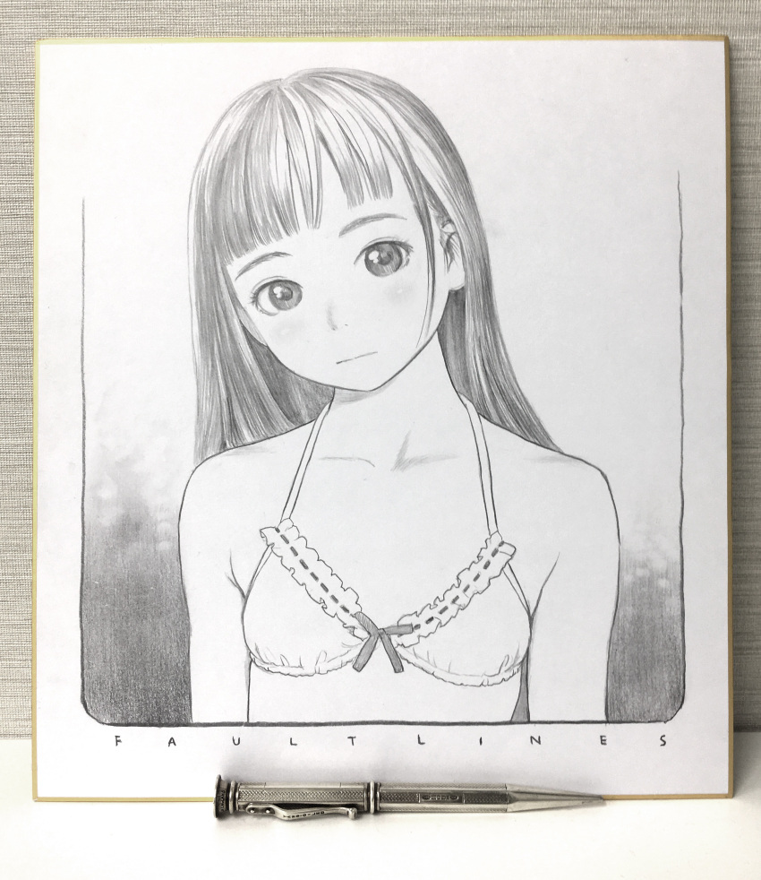 1girl :| absurdres bangs bare_shoulders bikini blunt_bangs border breasts closed_mouth collarbone english_text expressionless frilled_bikini frills graphite_(medium) greyscale head_tilt highres long_hair looking_at_viewer mechanical_pencil monochrome murata_range original pencil shikishi small_breasts solo straight_hair swimsuit traditional_media upper_body