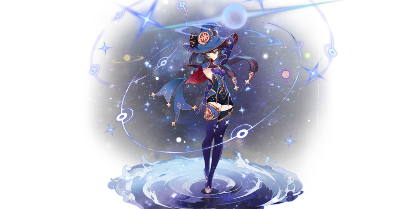 1girl bangs black_hair breasts capelet closed_mouth elbow_gloves full_body genshin_impact gloves green_eyes hair_ornament hat high_heels highres long_hair looking_at_viewer medium_breasts mona_(genshin_impact) mona_(pact_of_stars_and_moon)_(genshin_impact) official_art solo sparkle standing tied_hair transparent_background twintails water witch_hat