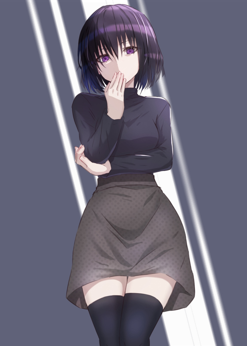 1girl bangs black_hair black_legwear black_sweater commentary_request covering_mouth dande_cat eyebrows_visible_through_hair fingernails grey_skirt hand_over_own_mouth highres kuonji_alice long_sleeves looking_at_viewer mahou_tsukai_no_yoru polka_dot_skirt short_hair skirt solo sweater thigh-highs turtleneck turtleneck_sweater violet_eyes zettai_ryouiki