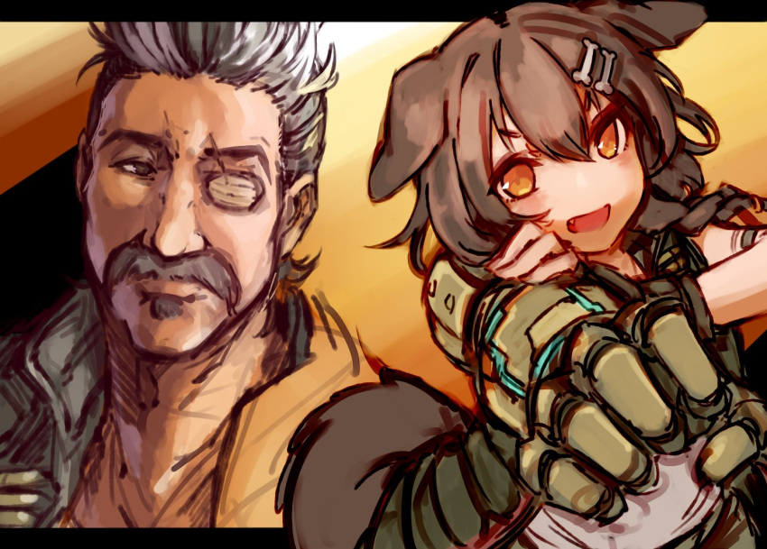 1boy 1girl animal_ears apex_legends bangs black_gloves blush braid cosplay dog_ears eyebrows_visible_through_hair eyepatch facial_hair fang fingerless_gloves fuse_(apex_legends) fuse_(apex_legends)_(cosplay) gloves grey_hair hair_behind_ear hashiguma hololive inugami_korone mechanical_arms medium_hair mustache one_eye_covered single_mechanical_arm sleeveless sleeveless_jacket smile soul_patch twin_braids v-shaped_eyebrows virtual_youtuber