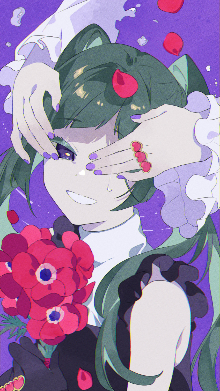 2girls :d absurdres aqua_hair bangs black_dress black_gloves bouquet colored_eyelashes commentary diagonal_bangs dress dual_persona flower flower_request gloves hatsune_miku heart highres holding holding_bouquet jewelry long_hair multiple_girls omutatsu parasite_(vocaloid) purple_background purple_nails red_flower ring sleeveless sleeveless_dress smile tears twintails upper_body violet_eyes vocaloid