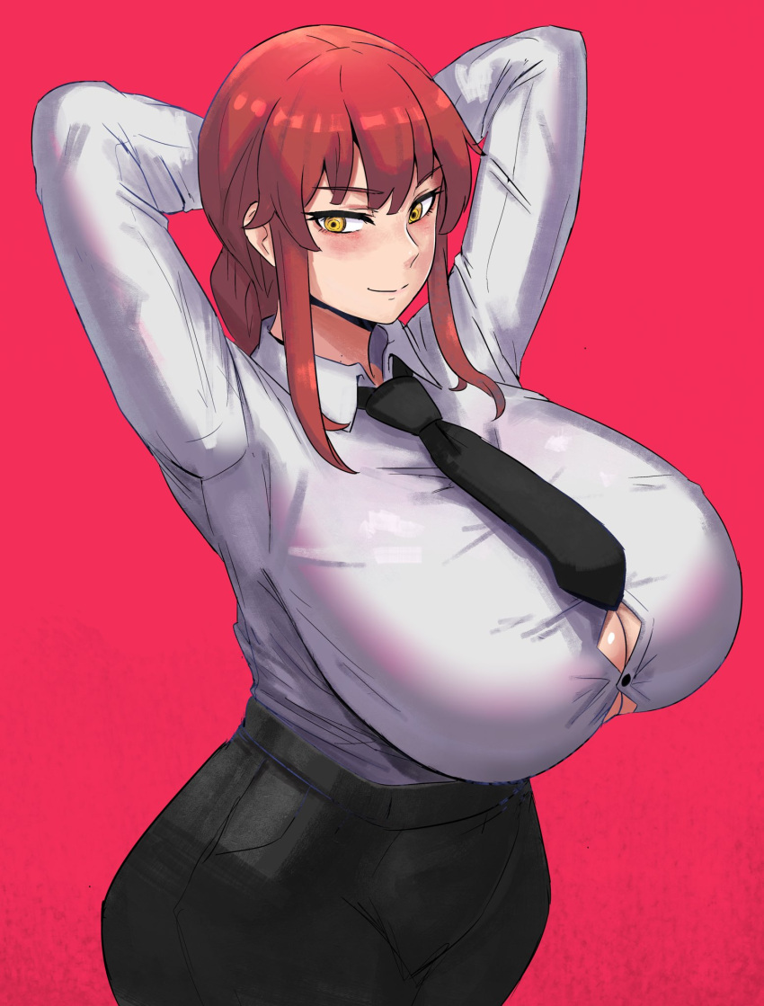 1girl braid braided_ponytail breasts bursting_breasts chainsaw_man collared_shirt formal highres huge_breasts looking_at_viewer makima_(chainsaw_man) necktie pants redhead ringed_eyes shirt simple_background smile solo white_shirt yellow_eyes ytrall