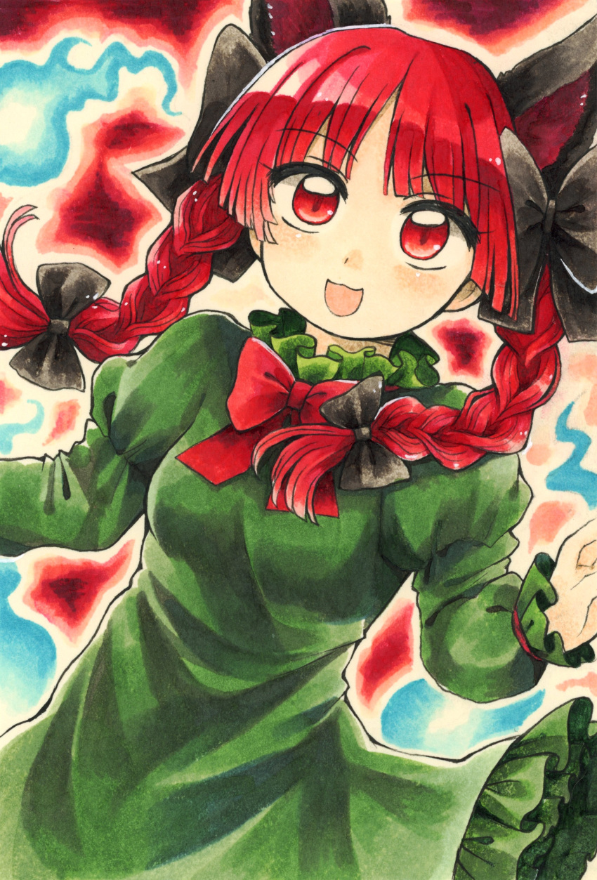 1girl :d absurdres animal_ears artist_request bangs black_bow blue_fire blunt_bangs bow bowtie braid cat_ears cowboy_shot dress eyebrows_visible_through_hair fire frills green_dress hair_bow hair_ribbon hand_up highres hitodama juliet_sleeves kaenbyou_rin light_blush long_hair long_sleeves looking_at_viewer open_mouth outer_glow petticoat puffy_sleeves red_background red_bow red_bowtie red_eyes redhead ribbon simple_background sleeves_past_wrists smile solo source_request touhou tress_ribbon twin_braids twintails
