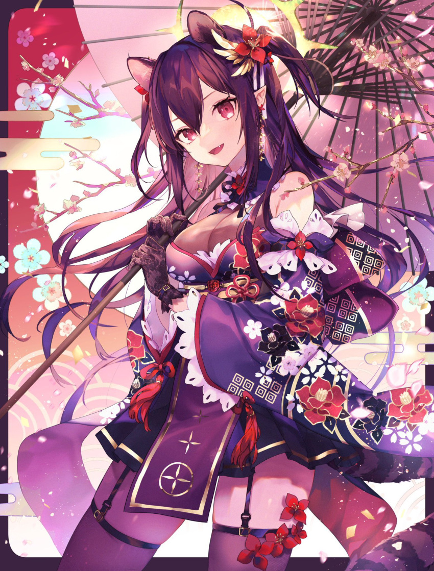 1girl animal_ears bangs bare_shoulders black_gloves black_legwear blush breasts chinese_zodiac collar cowboy_shot detached_collar earrings extra_ears fang floral_print flower flower_knot frilled_sleeves frills garter_straps gloves hair_between_eyes hair_flower hair_ornament happy_new_year highres holding holding_umbrella japanese_clothes jewelry kimono lace-trimmed_gloves lace_trim large_breasts long_hair long_sleeves looking_at_viewer miniskirt natsuiro_xx oil-paper_umbrella open_mouth original pelvic_curtain pleated_skirt pointy_ears purple_collar purple_hair purple_kimono red_eyes sidelocks skindentation skirt smile solo standing tail tassel thigh-highs tiger_ears tiger_girl tiger_tail two_side_up umbrella very_long_hair wide_sleeves year_of_the_tiger