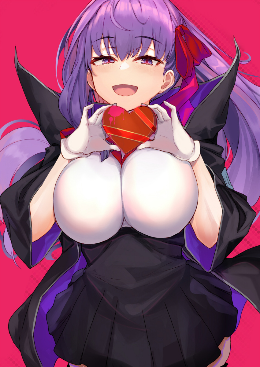 1girl bangs bb_(fate) bb_(fate/extra) black_coat black_skirt blush box breasts coat fate/extra fate/extra_ccc fate_(series) gift gift_box gloves hair_ribbon heart-shaped_box high-waist_skirt highres large_breasts leotard long_hair long_sleeves looking_at_viewer neck_ribbon ninoude_(ninoude44) open_clothes open_coat open_mouth popped_collar purple_hair red_ribbon ribbon skirt smile solo very_long_hair violet_eyes white_gloves white_leotard wide_sleeves