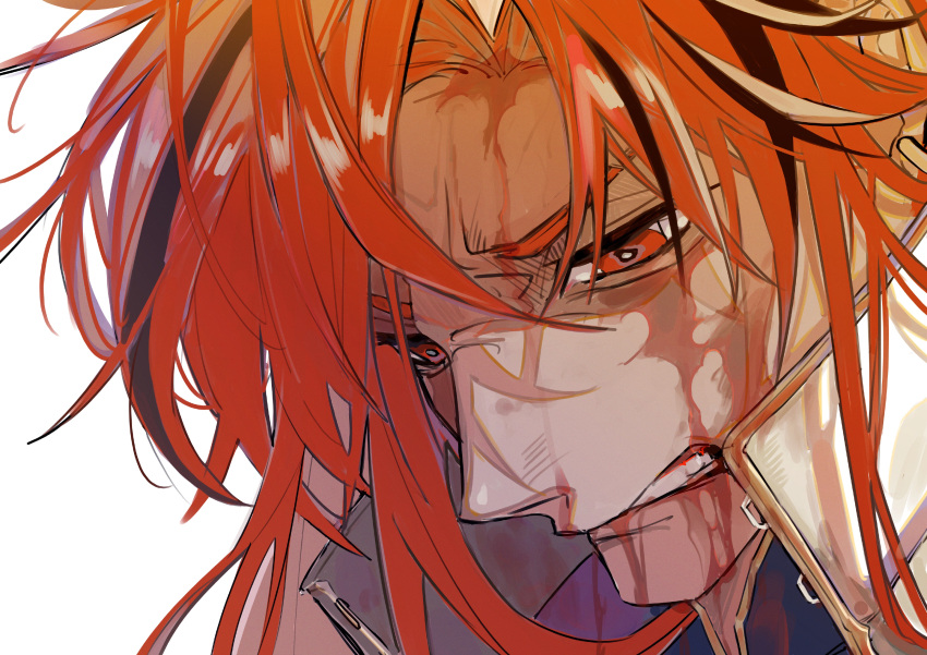 1boy angry bangs black_hair bleeding blood blood_on_face face fate/grand_order fate_(series) frown grimace high_collar highres injury jacket japanese_clothes jewelry long_hair male_focus multicolored_hair red_eyes redhead sad simple_background solo split-color_hair streaked_hair takasugi_shinsaku_(fate) teeth turtleneck user_nfuf5333 white_background white_hair white_jacket