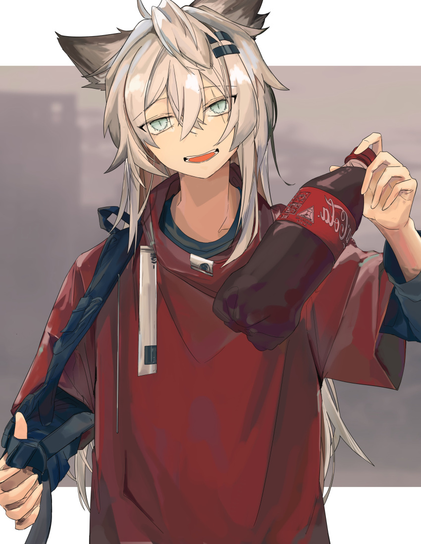 1girl absurdres alternate_costume animal_ears arknights black_shirt blue_eyes bottle coca-cola cutewolf1230 hair_between_eyes hair_ornament hairclip hand_up highres holding holding_bottle lappland_(arknights) long_sleeves looking_at_viewer open_mouth red_shirt scar scar_across_eye shirt solo straight-on undershirt upper_body wolf_ears