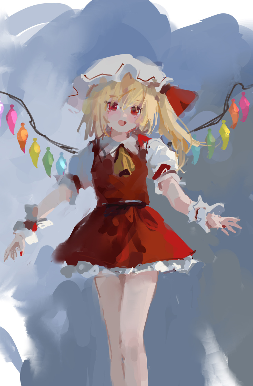 1girl :d absurdres ascot bangs bare_legs blonde_hair blue_background bow collared_shirt feet_out_of_frame fingernails flandre_scarlet floating_hair frilled_cuffs frilled_sleeves frills grey_background hair_between_eyes hat hat_bow highres legs_together light_blush long_hair looking_at_viewer miniskirt mob_cap nail_polish no_lineart no_nose one_side_up open_hands open_mouth outstretched_arms petticoat puffy_short_sleeves puffy_sleeves red_bow red_eyes red_nails red_skirt red_vest reddizen shirt short_sleeves skirt skirt_set smile solo touhou vest white_headwear white_shirt wing_collar wings wrist_cuffs yellow_ascot