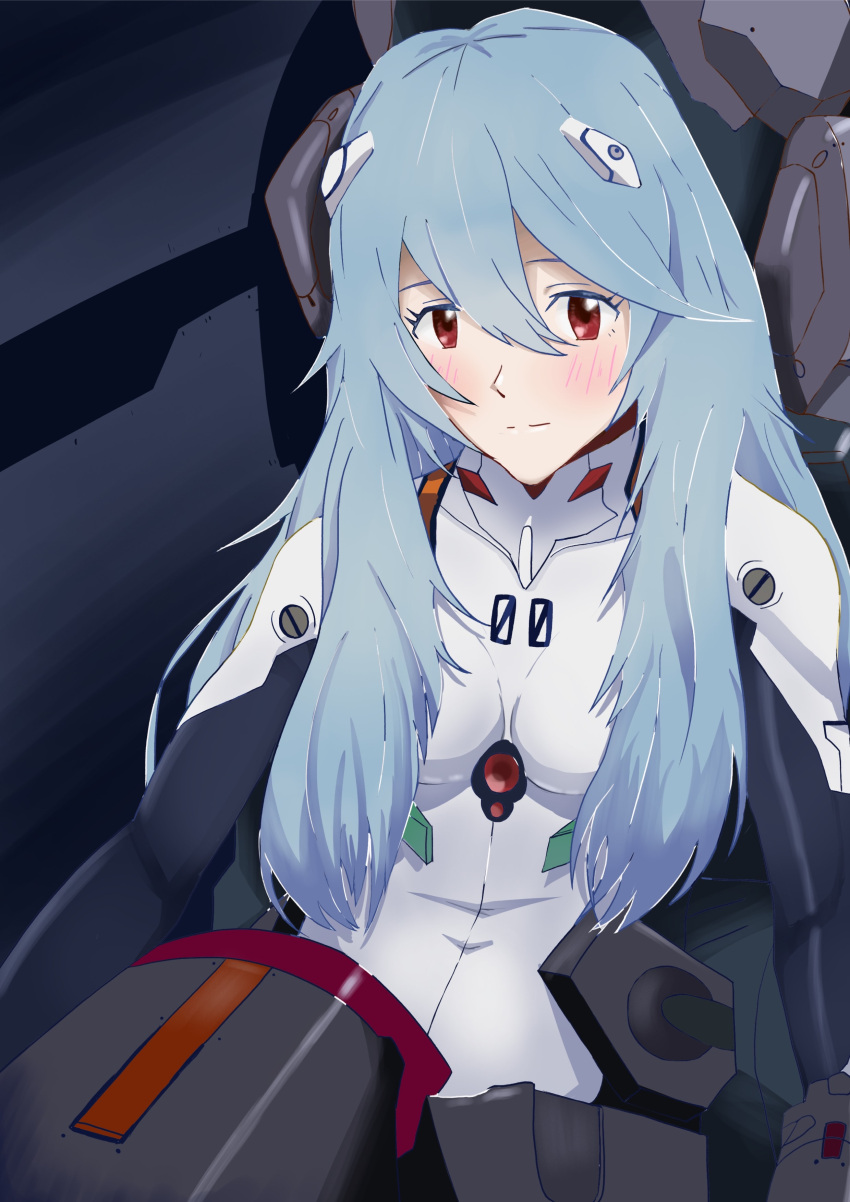 1girl absurdres ayanami_rei blue_eyes blush breasts cockpit entry_plug expressionless hair_between_eyes hateri highres interface_headset long_hair looking_at_viewer medium_breasts neon_genesis_evangelion plugsuit rebuild_of_evangelion solo