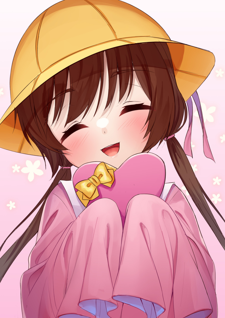 1girl :d ^_^ absurdres bangs blush box brown_hair closed_eyes commentary_request dress eyebrows_visible_through_hair facing_viewer gift gift_box hands_up hat head_tilt heart-shaped_box highres holding holding_gift kindergarten_uniform long_hair long_sleeves low_twintails pink_dress school_hat sleeves_past_fingers sleeves_past_wrists smile solo teeth tenneko_yuuri tsukuyomi_ai twintails upper_teeth valentine very_long_hair voiceroid yellow_headwear