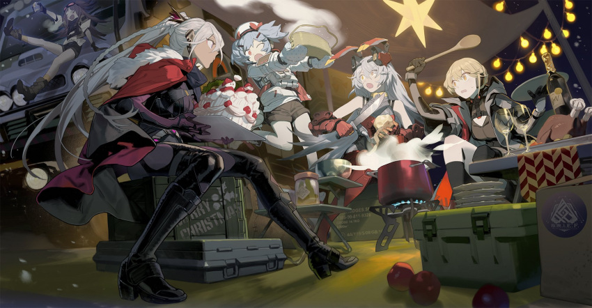 5girls animal_ears apple bangs bare_shoulders black_legwear blonde_hair blue_hair bottle breasts brown_hair charolic_(girls'_frontline_2) chicken_(food) closed_eyes closed_mouth colphne_(girls'_frontline_2) commentary_request cup dark-skinned_female dark_skin drinking_glass eyebrows_visible_through_hair fake_animal_ears food fruit full_body girls'_frontline_2:_exilium gloves goggles goggles_on_head grey_hair hair_between_eyes hair_ribbon hat highres long_hair long_sleeves looking_at_another mayling_shen_(girls'_frontline_2) medium_hair multiple_girls nemesis_(girls'_frontline_2) night one_eye_closed open_mouth orange_eyes ots-14_(girls'_frontline) outdoors ponytail portable_stove rabbit_ears red_eyes red_ribbon ribbon shirt shishio shorts sitting standing standing_on_one_leg twintails violet_eyes white_shirt wine_bottle wine_glass