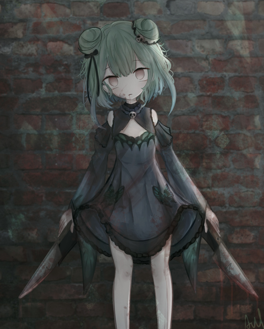 1girl aiu_. bangs bare_legs bare_shoulders black_dress black_ribbon blood blood_on_face brick_wall cleavage_cutout clothing_cutout commentary double_bun dress empty_eyes english_commentary feet_out_of_frame green_hair hair_ribbon highres hololive muted_color parted_lips red_eyes ribbon short_hair uruha_rushia virtual_youtuber